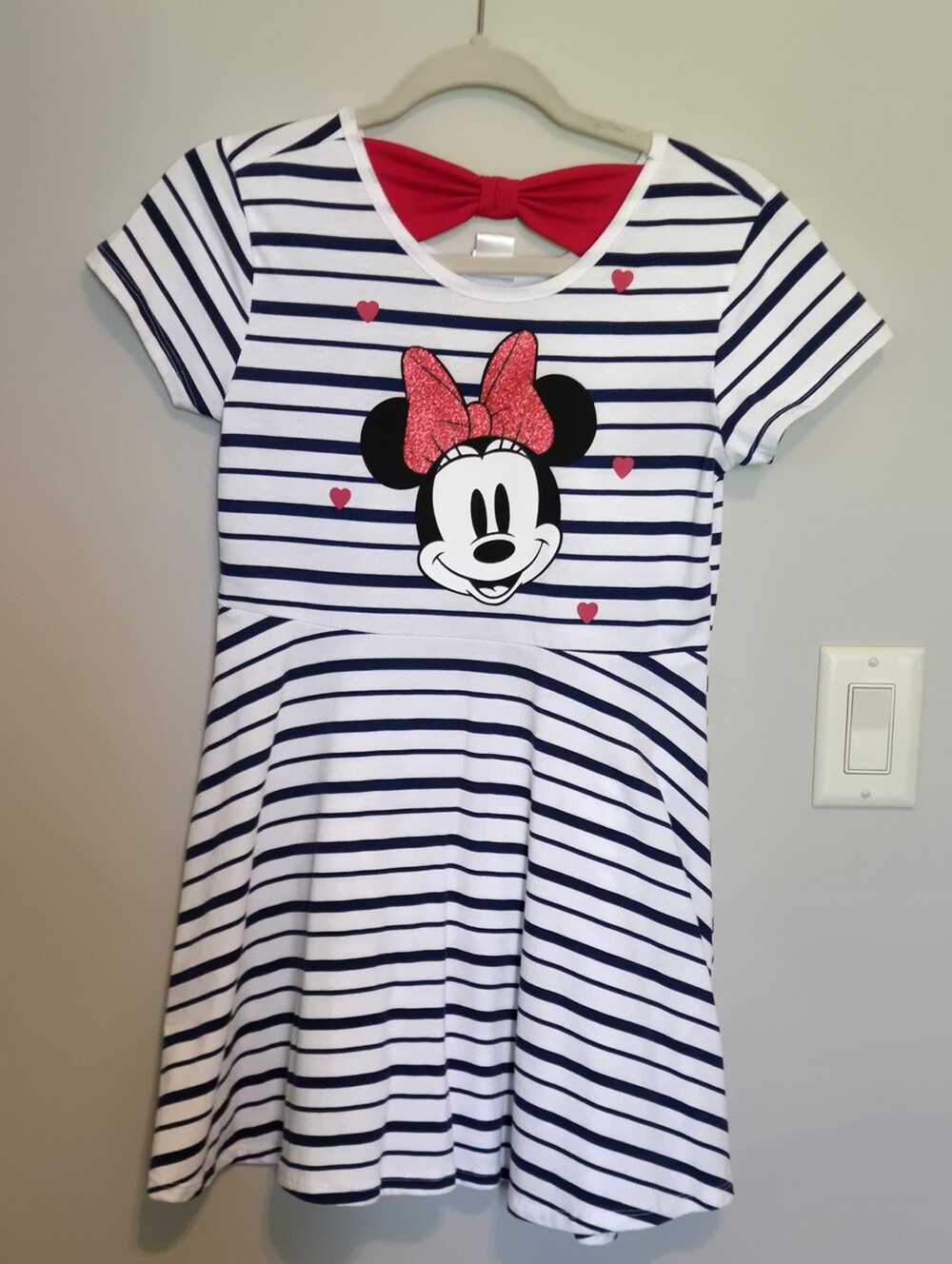 Disney Girls Navy & White Striped Minnie Dress with Red Bow, Size XL (16)